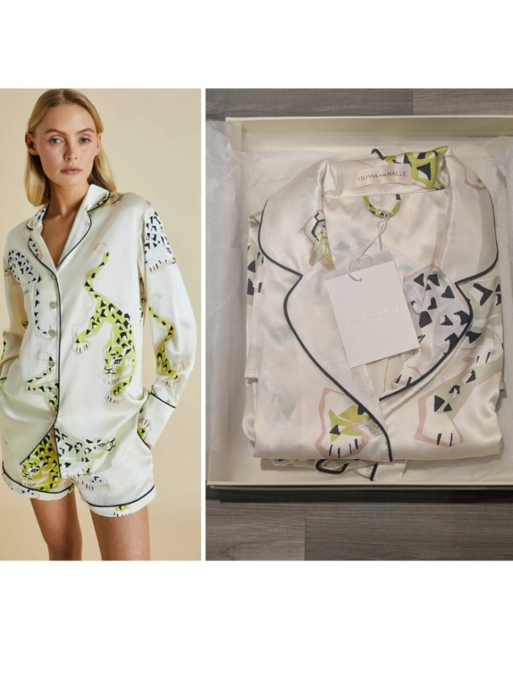 Olivia von Halle | Alba Amico Silk Shirt And Shorts Pajama Set In Ivory Multi